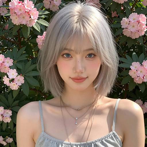 Young Woman with Silver Blonde Hair and Pink Flowers