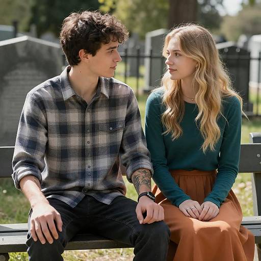 Couple on Sunlit Cemetery Bench