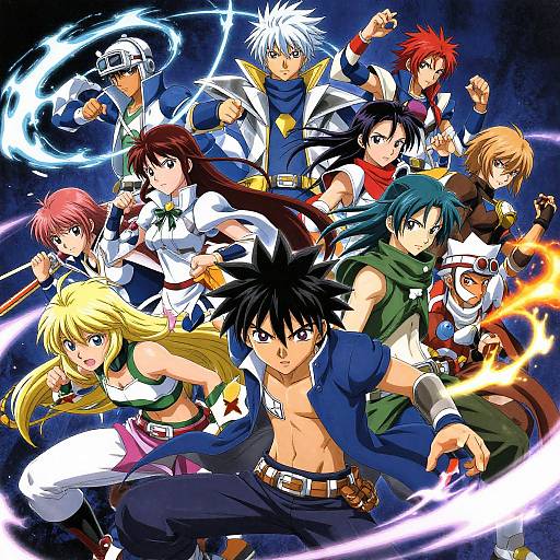 Dynamic anime group portrait: diverse characters with vibrant hair, wielding weapons, surrounded by glowing energy. Colorful, action-packed, fantasy-style illustration.