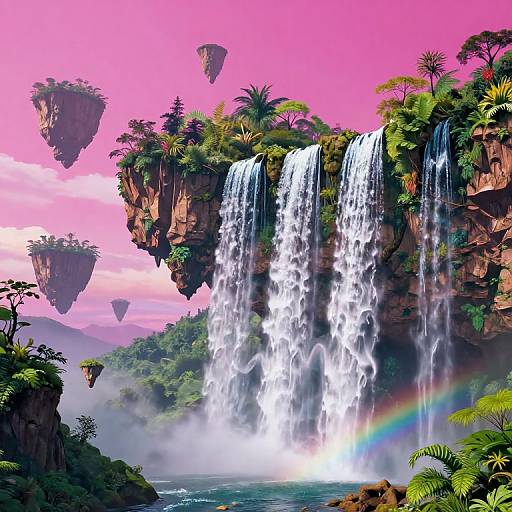 Digital artwork of a vibrant waterfall with twin cascades, lush greenery, floating islands, pink sky, rainbow, and misty base.