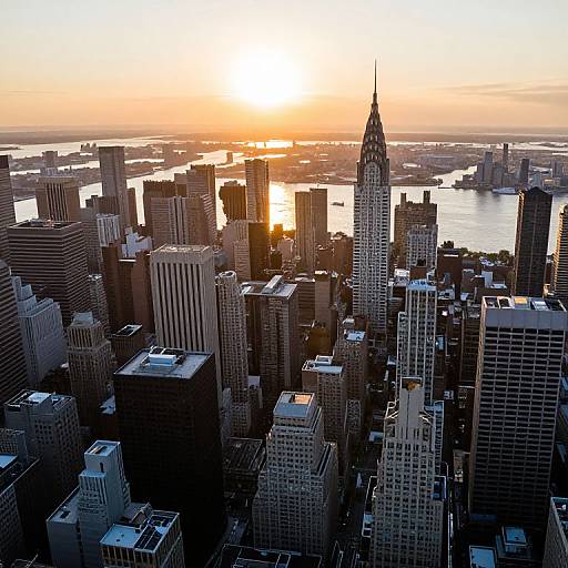 Photograph of New York City skyline at sunset, featuring the Empire State Building prominently in the center, with a golden sun reflecting off the Hudson River.