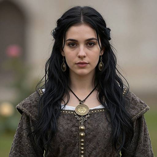 Photograph of a young woman with long black hair, wearing a medieval-style brown dress with gold buttons and a detailed pendant necklace, standing in a blurred