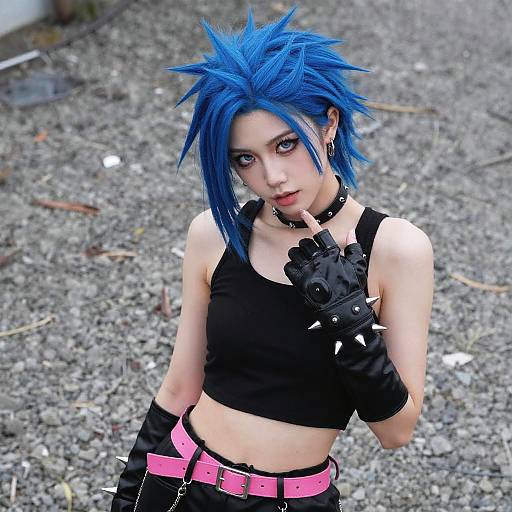 Photograph of a pale-skinned, blue-haired anime-style cosplayer with spiky hair, black tank top, pink belt, black gloves, and