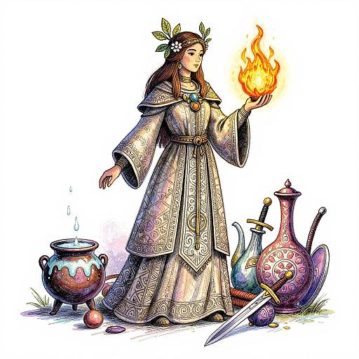 Colorful digital illustration of a woman in an ornate, medieval-style dress, holding a small, bright flame, surrounded by enchanted pots, a knife