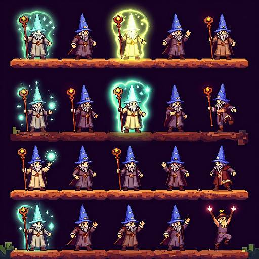 Pixel art of twelve blue-hatted wizards on three shelves, each with glowing magic staffs, emitting different colored lights against a dark background.