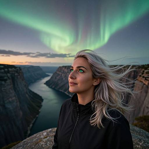 Photograph of a young woman with silver hair, green eyes, and black jacket, gazing at vibrant green Northern Lights over a canyon river at sunset