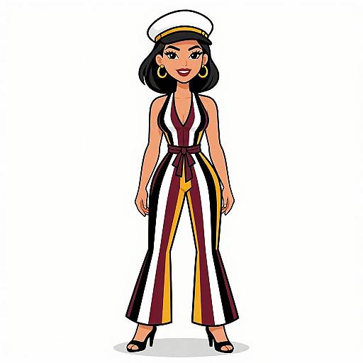 Cartoon-style illustration of a confident woman with black hair, wearing a white sailor hat, sleeveless white and black-striped pantsuit, black high heels