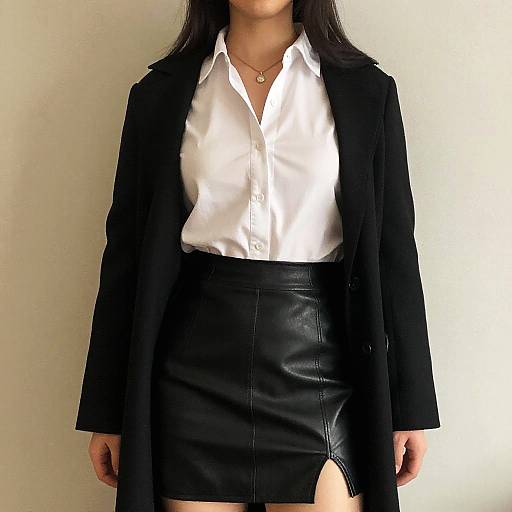 Photograph of an Asian woman wearing a black blazer over a white satin blouse, paired with a black leather skirt with a front slit, standing against