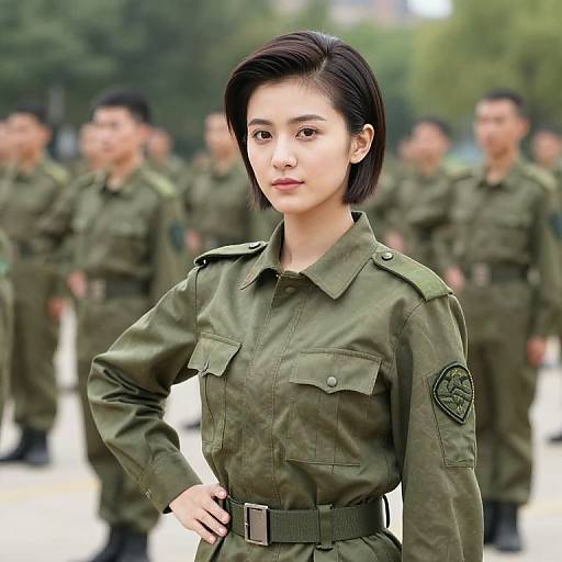 Photograph of an Asian woman with short black hair, wearing a green military uniform, standing confidently with hands on hips, surrounded by blurred fellow soldiers in