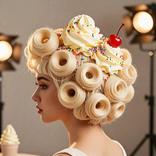 Photograph of a blonde woman with curly hair styled as doughnut buns, topped with whipped cream, sprinkles, and a cherry, in a