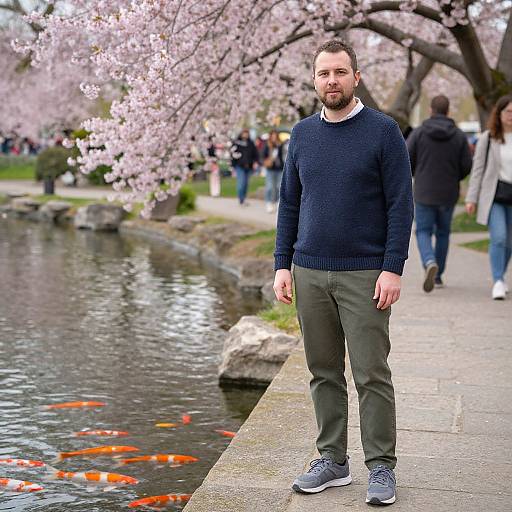 Man by Koi Pond Among Cherry Blossoms