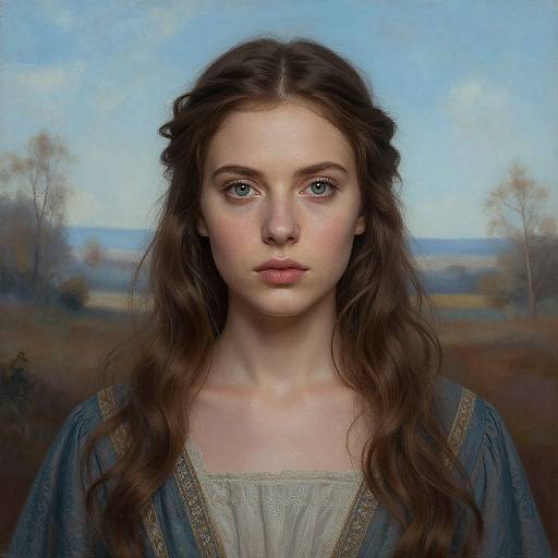 Digital painting of a young woman with long brown hair, blue eyes, and fair skin, wearing a blue robe with gold trim, against a soft,