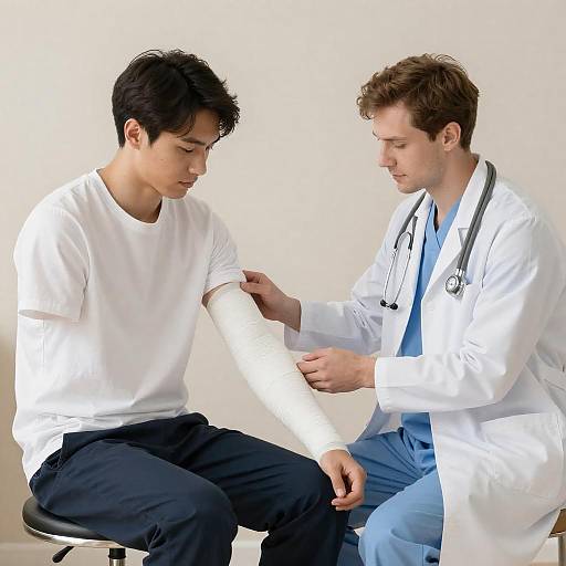 Doctor Examining Patient With Bandaged Arm
