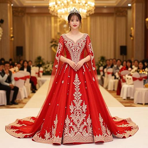 Photograph of a fair-skinned Asian woman in an elaborate red wedding gown with white embroidery, standing in a grand ballroom with a chandelier,