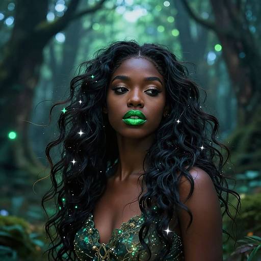Photorealistic digital art of a dark-skinned woman with long, wavy black hair, green glowing lips, and star-like sparkles, standing