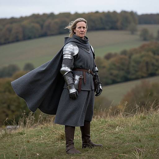 Photograph of a middle-aged man with blonde hair, wearing silver armor, dark gray cloak, and gloves, standing on a grassy hill with a