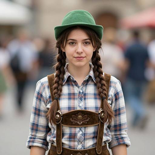 Photograph of a young woman with fair skin, brown braided hair, green hat, white plaid shirt, and brown Bavarian-style vest,