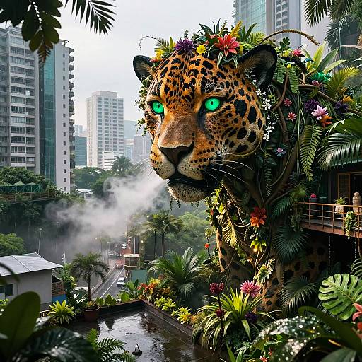 Digital art: Giant, green-eyed leopard with floral crown amidst urban jungle, surrounded by skyscrapers, plants, and misty waterway.