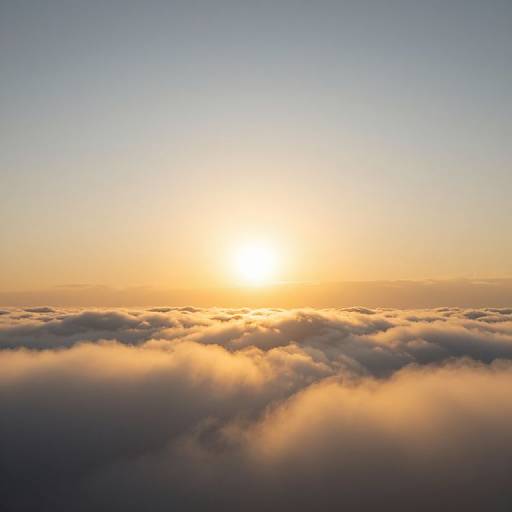 Photograph of a sunrise above a sea of fluffy, golden-tinged clouds, with the bright sun glowing in the clear, gradient sky.