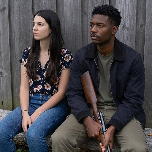 Contemplative Couple with Rifle by Fence