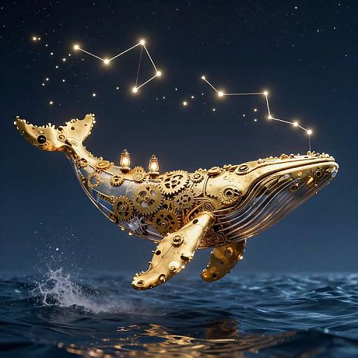Digital artwork of a golden, gear-filled whale with lit-up stars forming a constellation above, soaring through a dark, starry ocean.