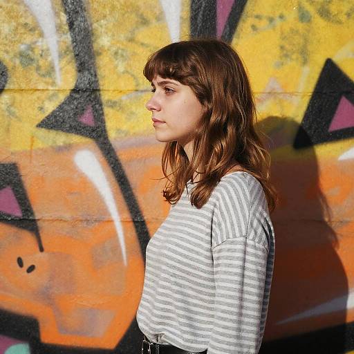 Photograph of a young woman with brown hair, wearing a white striped shirt, standing in front of a vibrant graffiti wall.