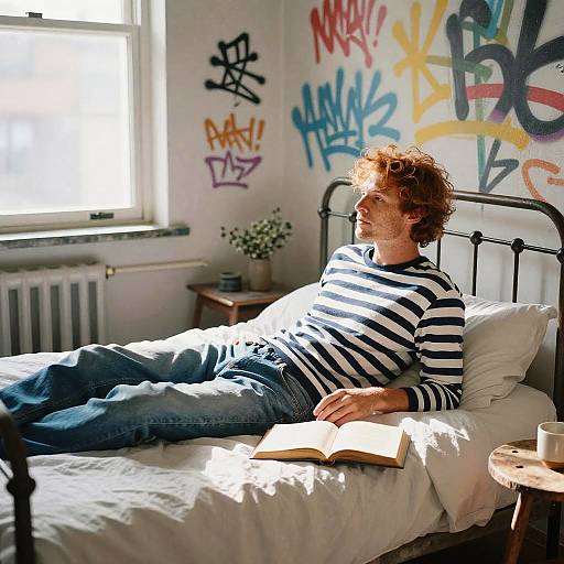 Photograph of a curly-haired man in a striped shirt and jeans, reading on a sunlit, graffiti-covered bed in a cluttered room.