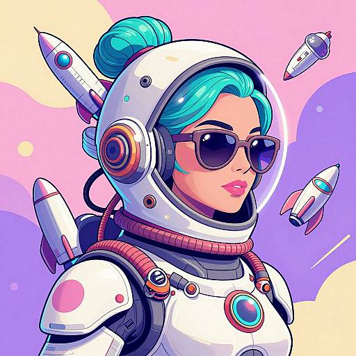 Digital art of a cyan-haired woman in a futuristic white spacesuit with rocket attachments, wearing sunglasses, surrounded by floating rockets. Pink and purple background with