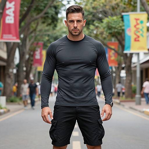 Photograph of a muscular, bearded man in a black long-sleeve shirt and black shorts, standing confidently on a tree-lined urban street with