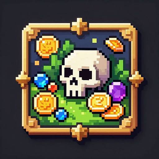 Pixel art of a white skull with black eye sockets, surrounded by colorful flowers (orange, blue, purple), and green leaves, framed with a wooden