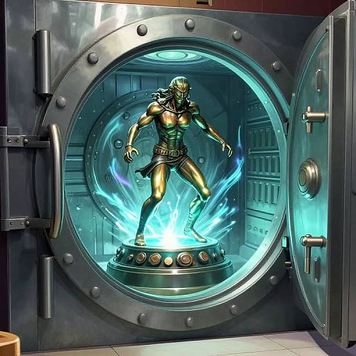 Digital artwork of a muscular, green-skinned warrior with dreadlocks, standing in a glowing circular metal chamber, surrounded by blue flames, inside a futuristic
