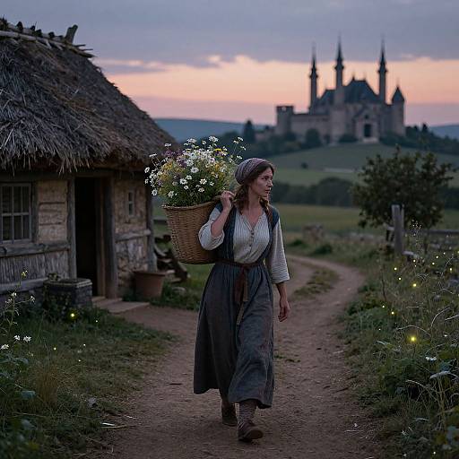 Photograph of a young woman in traditional peasant clothes, carrying a basket of flowers, walking a dirt path past a thatched cottage, towards a castle