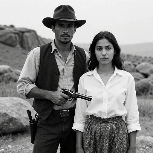 Rugged Couple in Black-and-White Scene