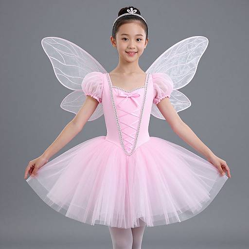 Photograph of an Asian girl in a pink tutu, white wings, tiara, and silver necklace, smiling against a gray background.