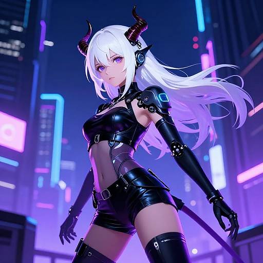 Digital anime-style drawing of a white-haired, horned demon girl in black leather outfit, neon cityscape background, glowing purple and blue lights.
