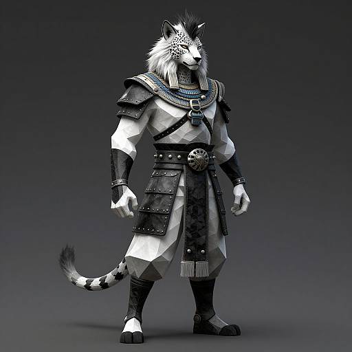 CGI anthropomorphic wolf warrior in detailed, white and black armor with blue accents, standing against a gradient dark background.