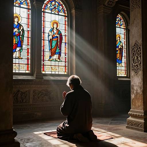Photograph of a silhouetted figure kneeling in a dimly lit church, facing colorful stained glass windows with sunlight streaming through.