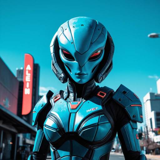 Turquoise Alien from Mass Effect in Neon Urban Setting