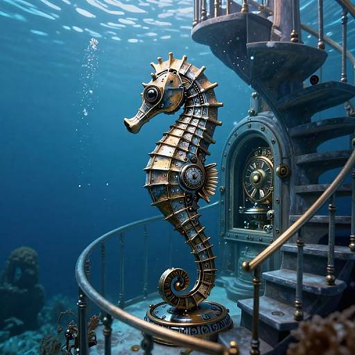 Photograph of a steampunk-style, brass seahorse sculpture underwater beside a spiral staircase with intricate mechanical details and blue-toned lighting.