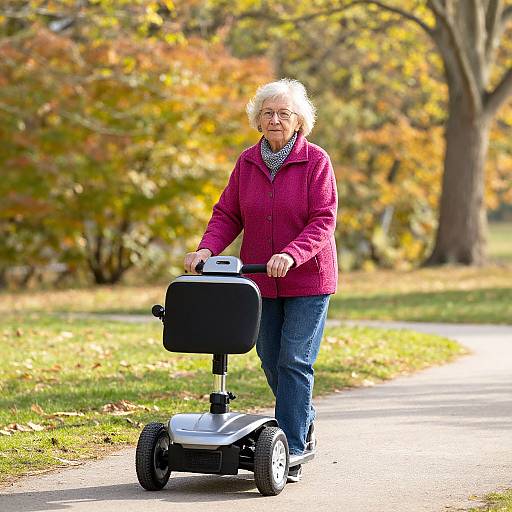 Photograph of an elderly woman with short blonde hair, wearing a red jacket, blue jeans, and glasses, riding a mobility scooter on a sunlit