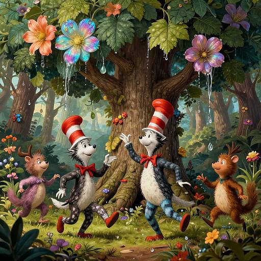 Whimsical forest scene: two black-and-white striped cats with red hats and bowties, dancing under oversized, colorful flowers, accompanied by two cheerful