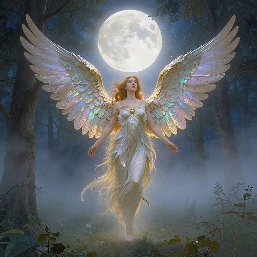Digital artwork: Angelic woman with iridescent wings, glowing dress, and flowing hair, floats towards a luminous full moon in a mystical,
