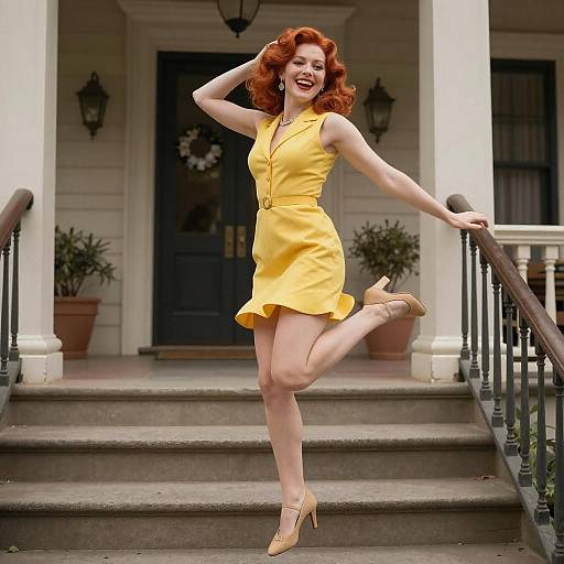 Photograph of a smiling, red-haired woman in a yellow sleeveless dress and beige heels, posing on a porch steps with one leg raised.