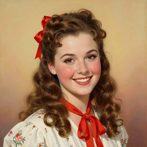 Vintage-style photograph of a smiling young woman with curly brown hair, red bow, floral blouse, and red ribbon, against a warm yellow gradient background.