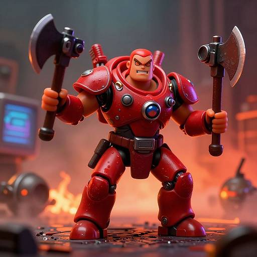 Photorealistic CGI of a muscular, red-armored action figure with dual axes, standing in a fiery, industrial background, ready for battle.