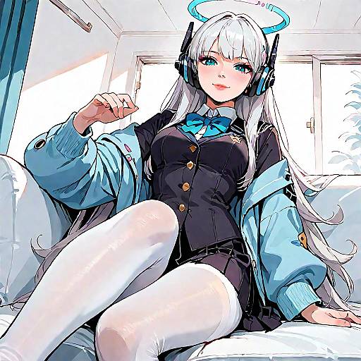 White-Haired Schoolgirl with Halo and Headphones