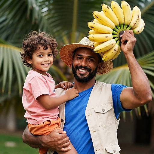 Joyful Moment: Man and Boy with Bananas