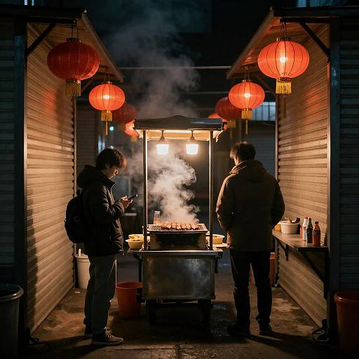 Warm Night Market with Grilling Scene