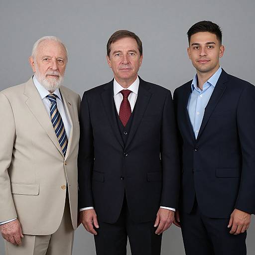 Photograph of three men in suits: elderly white man with beard in beige suit, middle-aged white man in black suit with red tie, young Latino