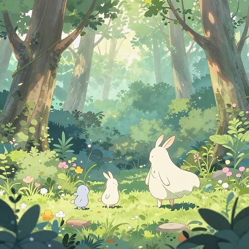 Digital illustration of a sunlit forest with tall trees, vibrant greenery, and two white rabbits. A blue rabbit is near colorful flowers in the foreground